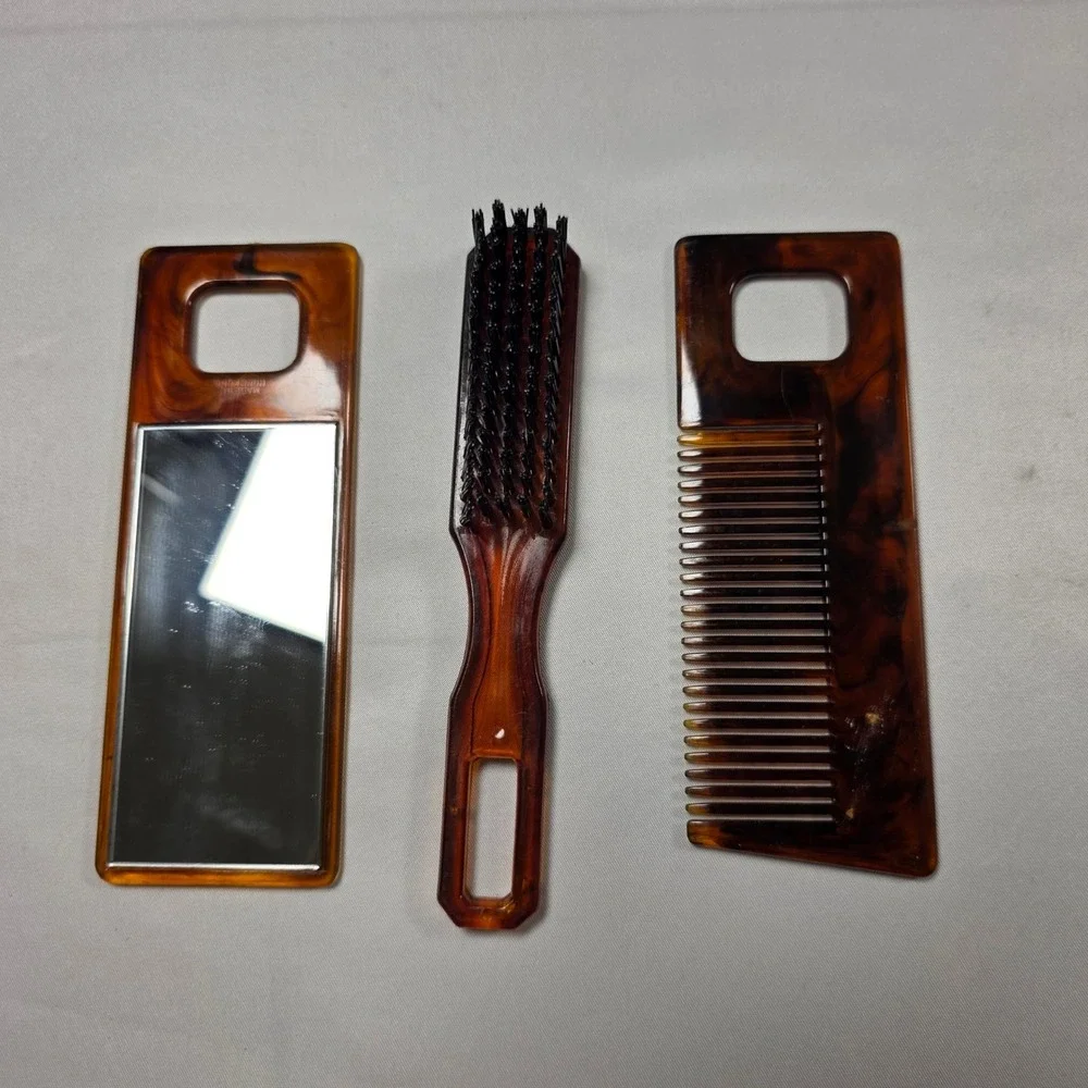 Vintage Tortoiseshell Travel Grooming Set Mirror Brush Comb Gold Case Hong Kong